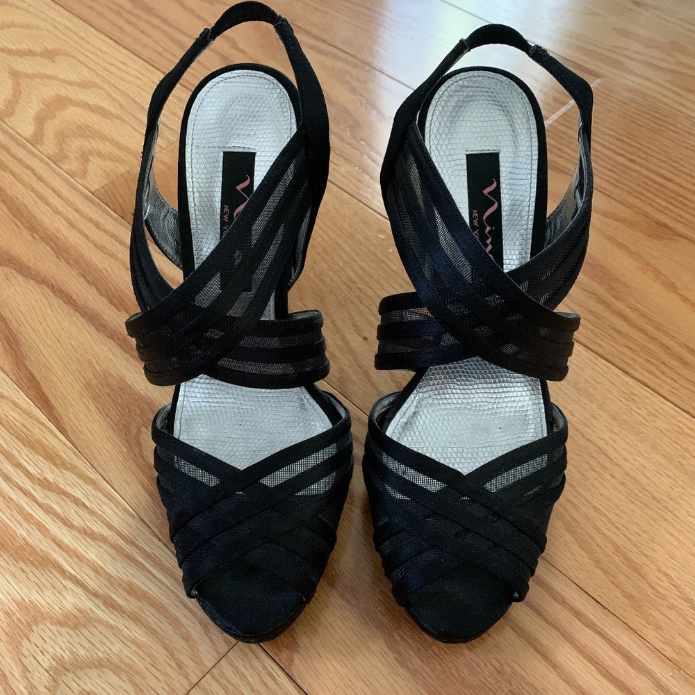 Nina Black Satin Open-Toe Platform Heels